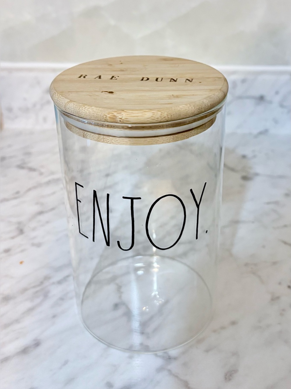 Rae Dunn ENJOY canister clear glass with bamboo lid 6.5” tall